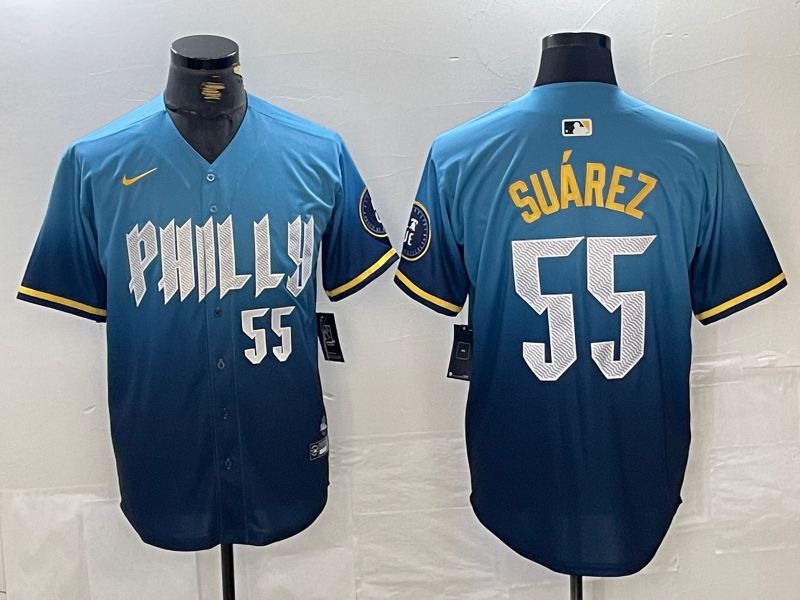 Men Philadelphia Phillies #55 Suarez Blue City Edition Nike 2024 MLB Jersey style 4